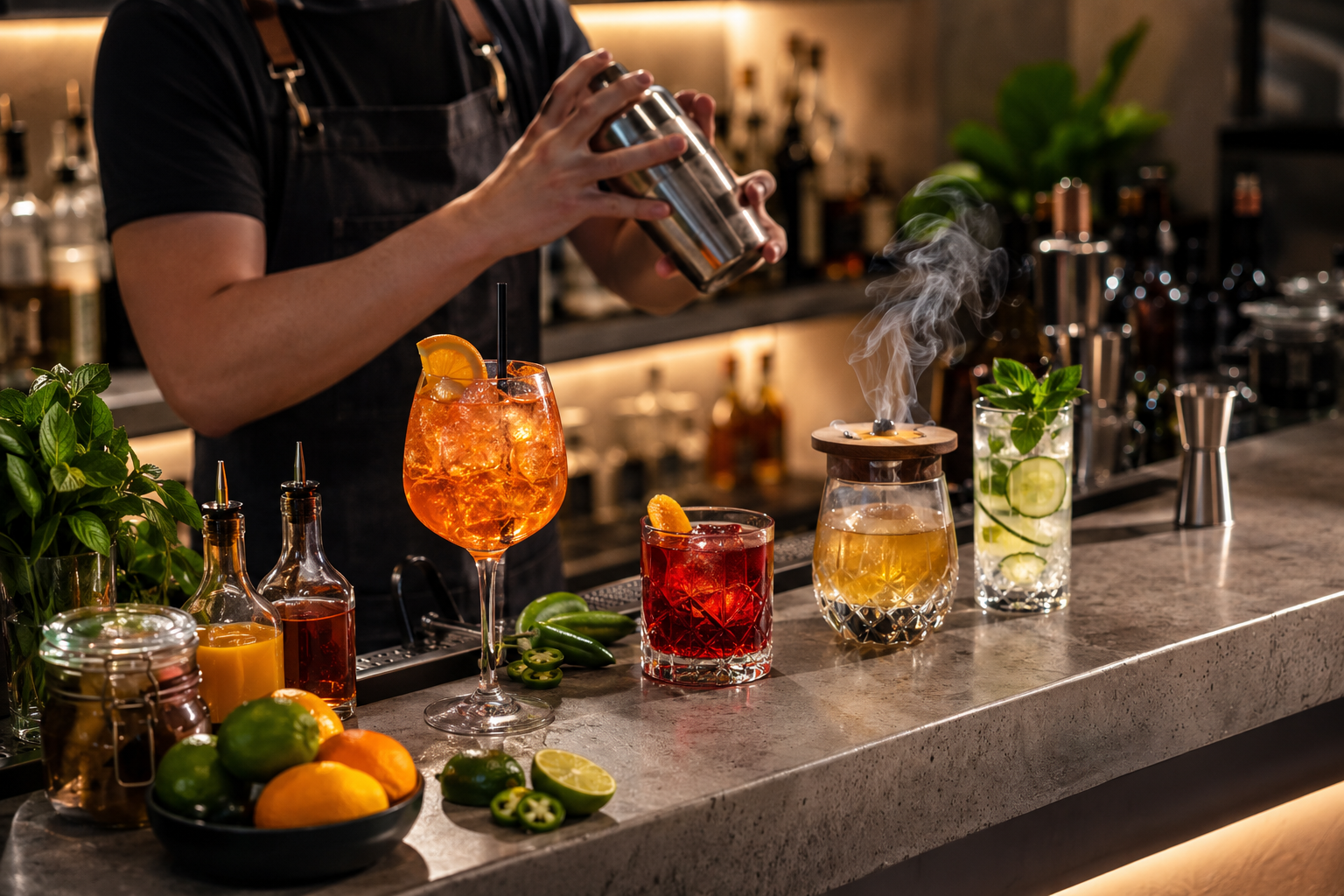 Modern home bar scene with bartender shaking a cocktail while an Aperol Spritz, Negroni, smoked mezcal cocktail, and herbal gin drink sit on a marble countertop surrounded by fresh citrus, herbs, jalapeños, bitters, and bar tools.